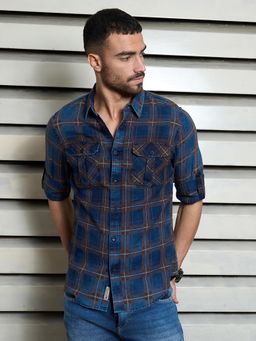 High Star - Men Blue Regular Check Collar Full Sleeve Shirt