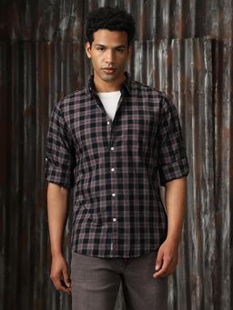 High Star - Men Black Check Regular Fit Cotton Collar Long Sleeve Shirt