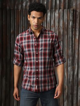 High Star - Men Red Check Regular Fit Cotton Collar Long Sleeve Shirt