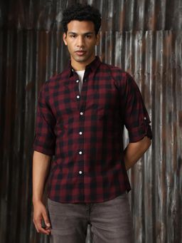 High Star - Men Red Check Regular Fit Cotton Collar Long Sleeve Shirt