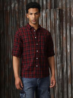 High Star - Men Red Check Regular Fit Cotton Collar Long Sleeve Shirt