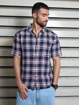 High Star - Men Navy Blue Regular Check Collar Half Sleeve Shirt