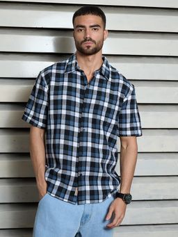 High Star - Men Blue Regular Check Collar Half Sleeve Shirt