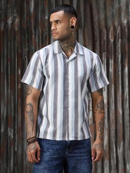 High Star - Men Regular Strip Relaxed Fit Cotton Collar Short Sleeve Shirt