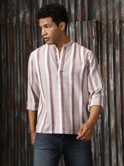 High Star - Men Beige Regular Strip Relaxed Fit Cotton Collar Long Sleeve Shirt