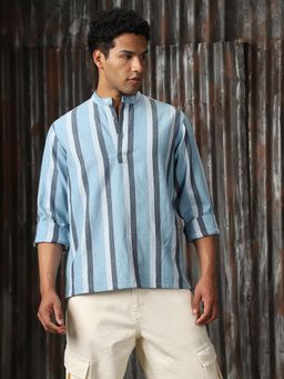 High Star - Men Blue Regular Strip Relaxed Fit Cotton Collar Long Sleeve Shirt