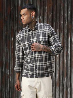 High Star - Men Grey Regular Check Relaxed Fit Cotton Collar Long Sleeve Shirt