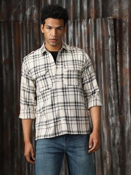 High Star - Men White Regular Check Relaxed Fit Cotton Collar Long Sleeve Shirt