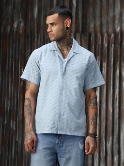 High Star - Men Blue Regular Blue Schiffli Relaxed Fit Cotton Collar Short Sleeve Shirt