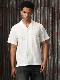High Star - Men Off White Regular Schiffli Relaxed Fit Cotton Collar Short Sleeve Shirt