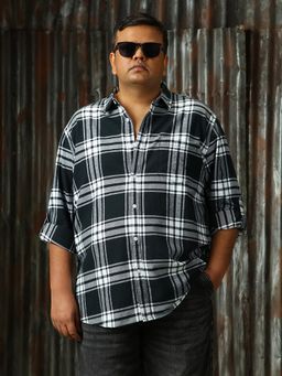 High Star - Men Black Plus Check Regular Fit Cotton Collar Long Sleeve Shirt