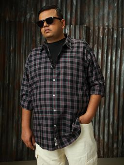 High Star - Men Plus Black Check Regular Fit Cotton Collar Long Sleeve Shirt