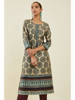 Soch - Black Satin Printed Kurta With Cowrie Shells And Gota Patti