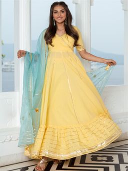 Lavanya The Label - Lemon Yellow Cotton Flared Anarkali With Dupatta (Set of 3)
