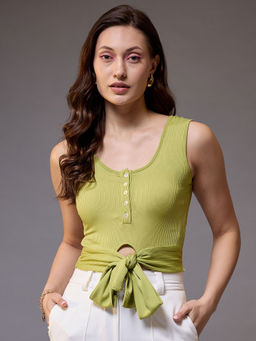 KASSUALLY - Lime Green Ribbed Knot Crop Top
