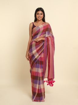 Suta - Multi-Color Checks Cotton Blend Saree
