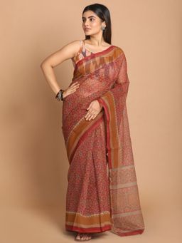 Indethnic - Maroon Printed Cotton Blend Saree with Unstitched Blouse