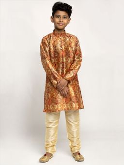 Kraft India - Boys Rust Color Printed Silk Kurta with Churidar (Set of 2)