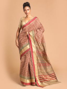 Indethnic - Maroon Printed Cotton Blend Saree with Unstitched Blouse