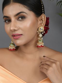 DASTOOR - Elegant Green Red White Kundan Long Ethnic Earrings With Kanchain