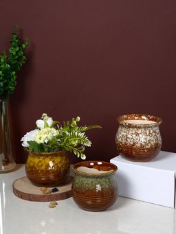Tayhaa - Brown Rustic Glaze Ceramic Planters (Pack of 3)