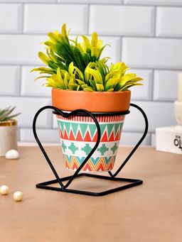 Tayhaa - Brown Multi Vibrant Ceramic Planter with Heart Shaped Stand