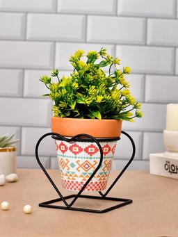 Tayhaa - Brown Multi Vibrant Ceramic Planter with Heart Shaped Stand