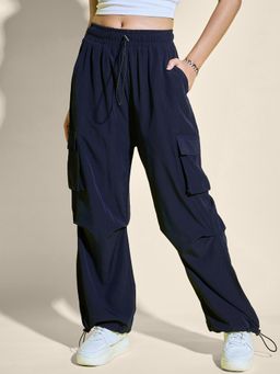 Buynewtrend - Navy Women Loose Fit High Waist Cargo Pant