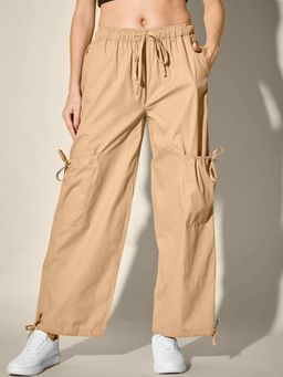Buynewtrend - Cotton Blend Beige Solid Women Cargo Pant