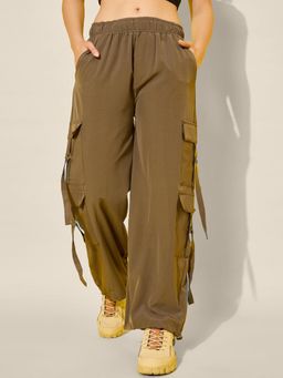 Buynewtrend - Brown Polyester Relaxed Fit Elasticated Women Cargo Pant