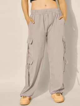 Buynewtrend - Grey Polyester Relaxed Fit Elasticated Women Cargo Pant
