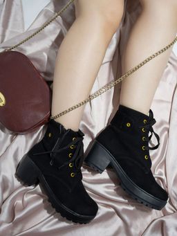 Shoetopia - Black Suede High-top Block Heeled Boots