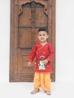 Fayon Kids - Red Silk Kurta With Yellow Printed Dhoti