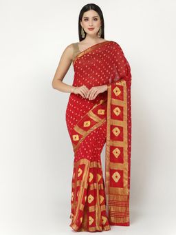 KISHORI - Women Silk Bandhani and Zari Weaving Saree with Unstitched Blouse - Red
