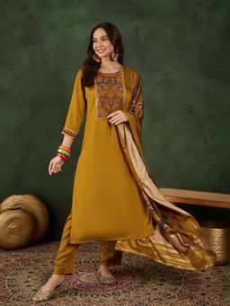 Vastramyaa - Womens Mustard Yoke Design Kurta with Pant & Dupatta (Set of 3)