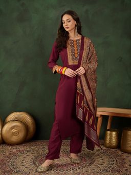 Vastramyaa - Womens Dark Burgundy Yoke Design Kurta with Pant & Dupatta (Set of 3)