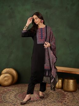 Vastramyaa - Womens Black Yoke Design Kurta with Pant & Dupatta (Set of 3)