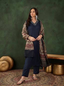 Vastramyaa - Womens Navy Blue V-Neck Embroidered Kurta with Pant & Dupatta (Set of 3)