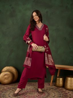 Vastramyaa - Womens Maroon V-Neck Embroidered Kurta with Pant & Dupatta (Set of 3)