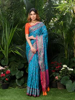 Beatitude - Blue Woven Patola Saree with Unstitched Blouse