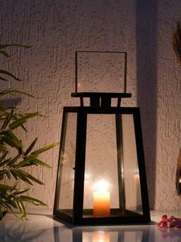 At Home by Nilkamal - Modern Trapeze Metal & Glass Large Size Lantern (Black & Gold)