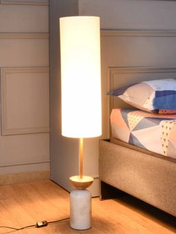 At Home by Nilkamal - Hourglass Fabric Shade Marble & Wooden Base Floor Lamp (Brown & White)