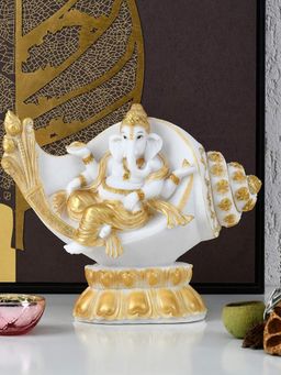 At Home by Nilkamal - Ganesha On Shankh Polyresin Showpiece (White & Gold)