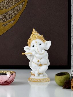 At Home by Nilkamal - Ganesha Playing Flute Polyresin Showpiece (White & Gold)