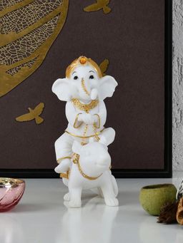 At Home by Nilkamal - Ganesha On Mouse Polyresin Showpiece (White & Gold)