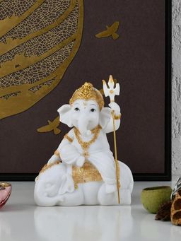 At Home by Nilkamal - Ganesha On Elephant Polyresin Showpiece (White & Gold)