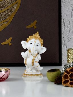 At Home by Nilkamal - Ganesha Playing Dholak Polyresin Showpiece (White & Gold)