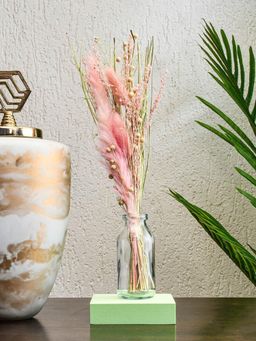 At Home by Nilkamal - Arias Decorative Glass Vase with Dry Flowers (Transparent & Pink)
