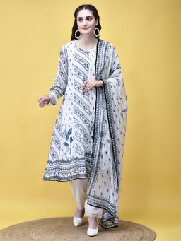 Shree - Women Georgette White and Navy Floral Print Kurta with Pant and Dupatta (Set of 3)