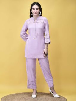 Shree - Women Liva Lilac Schiffli Embroidered Solid Co-Ord (Set of 2)